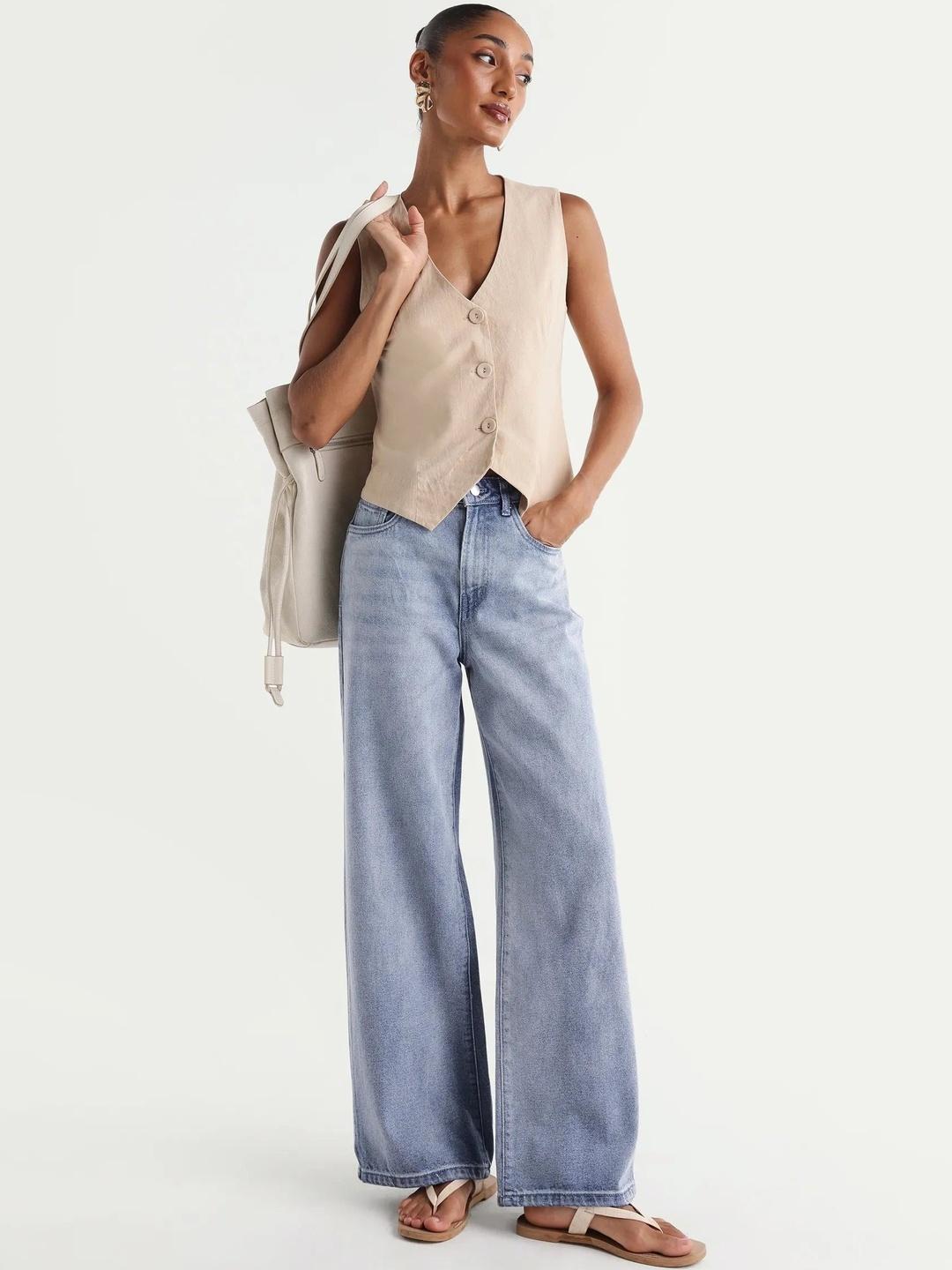 RAREISM Women Comfort Wide Leg Mid-Rise Stretchable Jeans