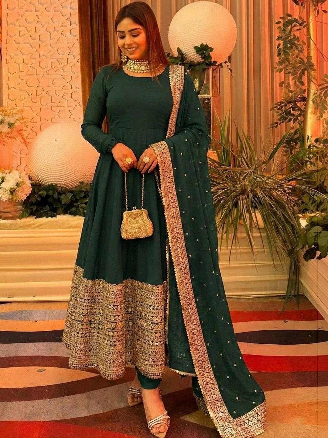 Kanerindia Ethnic Motifs Embroidered Sequinned Roman Silk Kurta Set - Image 1