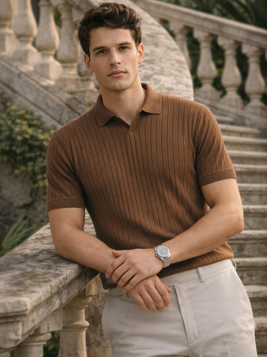 VEIRDO Men Striped Polo Collar Pure Cotton T-shirt - Image 1