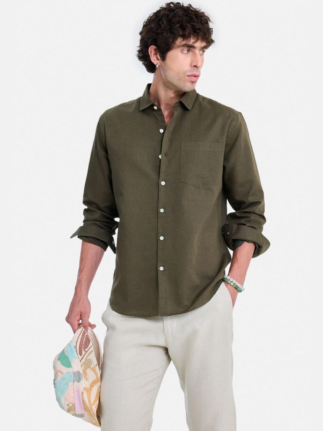 Snitch Dark Olive Green Textured Shirt - Image 1