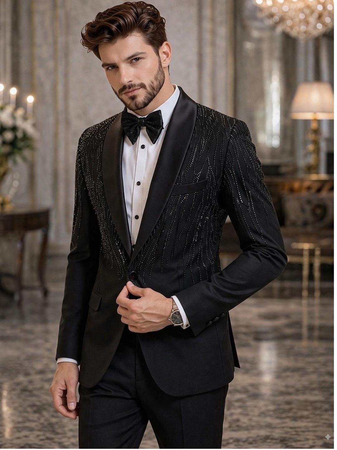 House of Pataudi Pure Cotton Notched Lapel Tuxedo Blazer - Image 1
