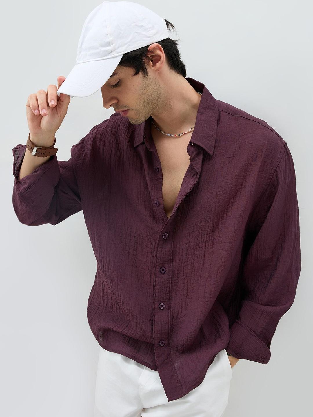 VASTRADO Wine Sheer Crepe Boxy Crop Shirt - Image 1