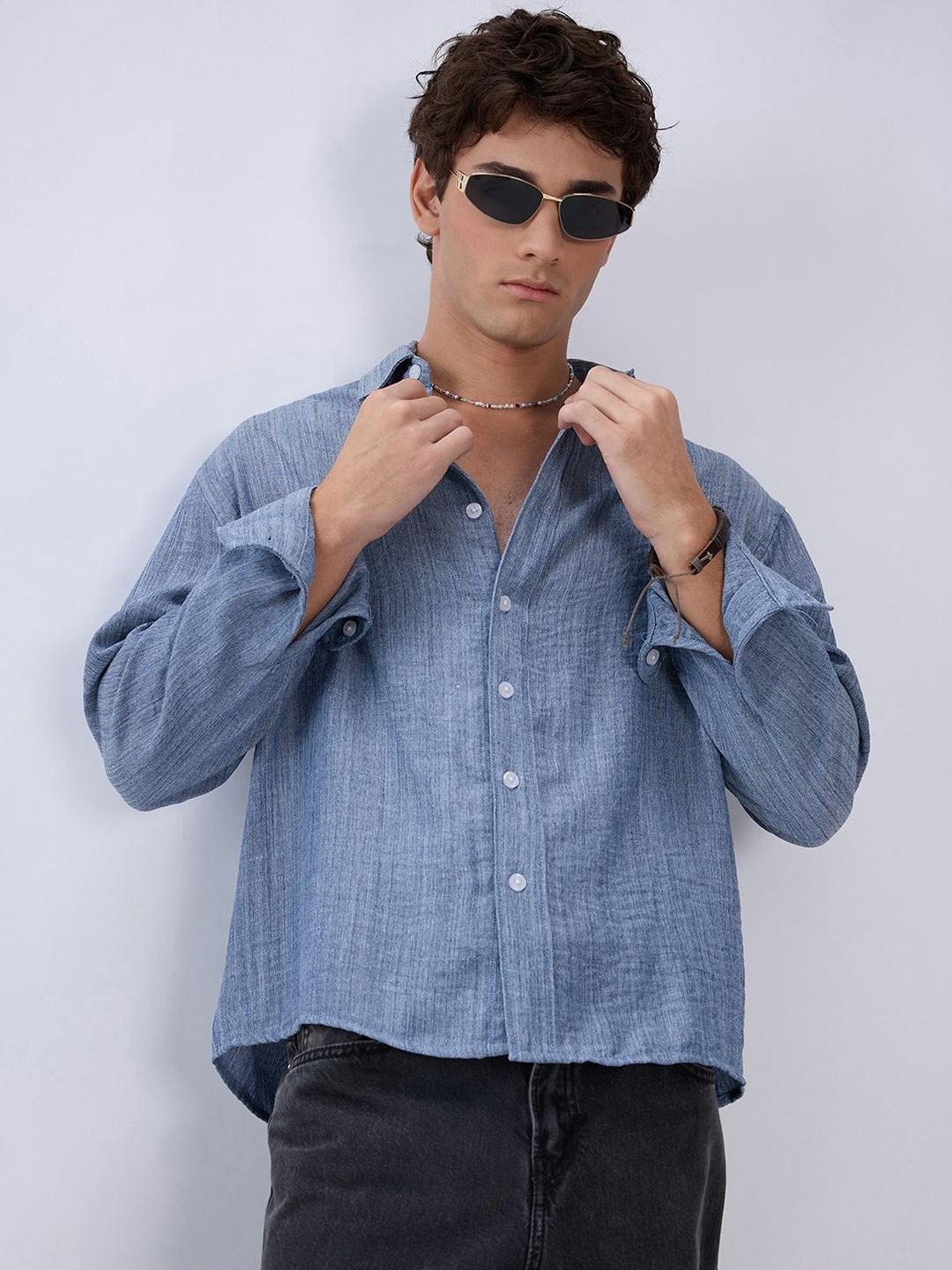 VASTRADO Slate Blue Textured Boxy Fit Crop Shirt - Image 1