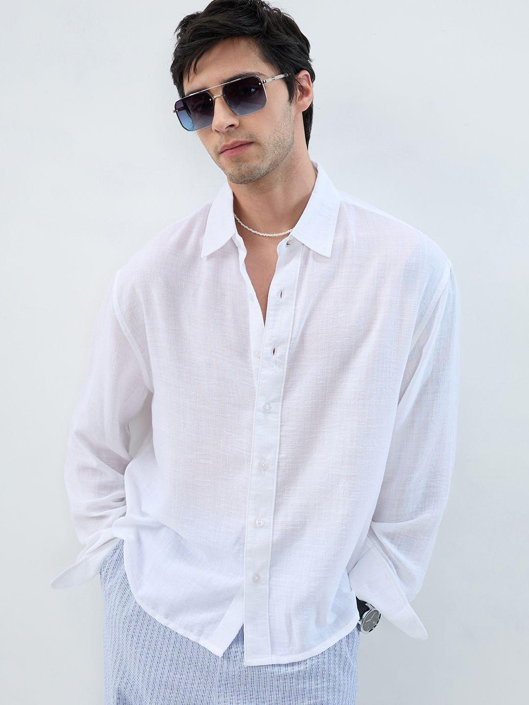 VASTRADO Pearl White Sheer-Weave Boxy Fit Crop Shirt - Image 1