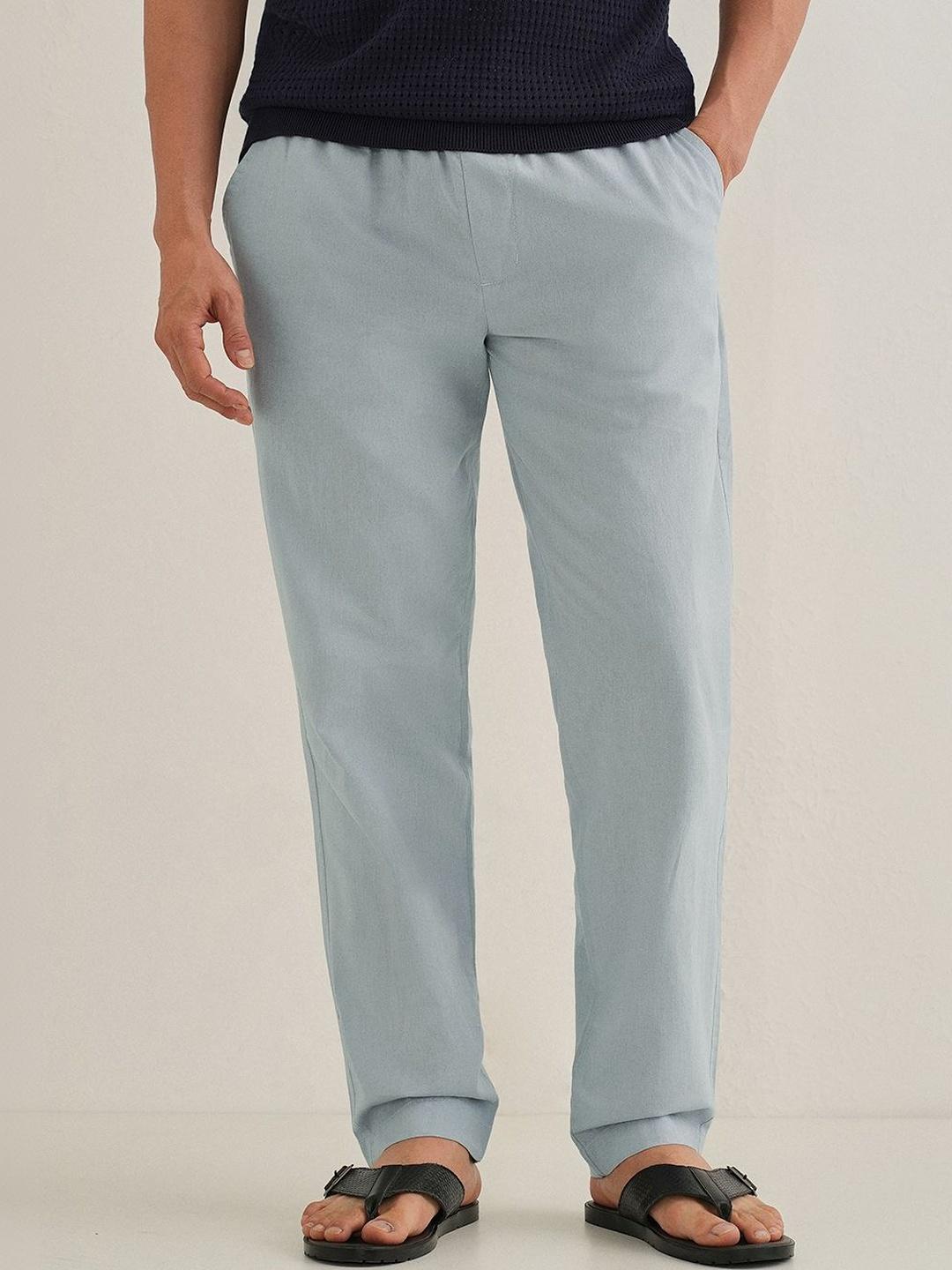 Banana Club Men Blue Linen Drawstring Trousers
