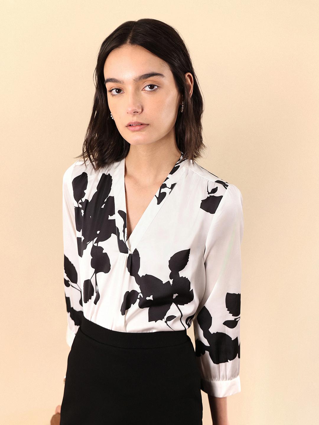 FABLE STREET Women White Floral Print Satin Top - Image 1