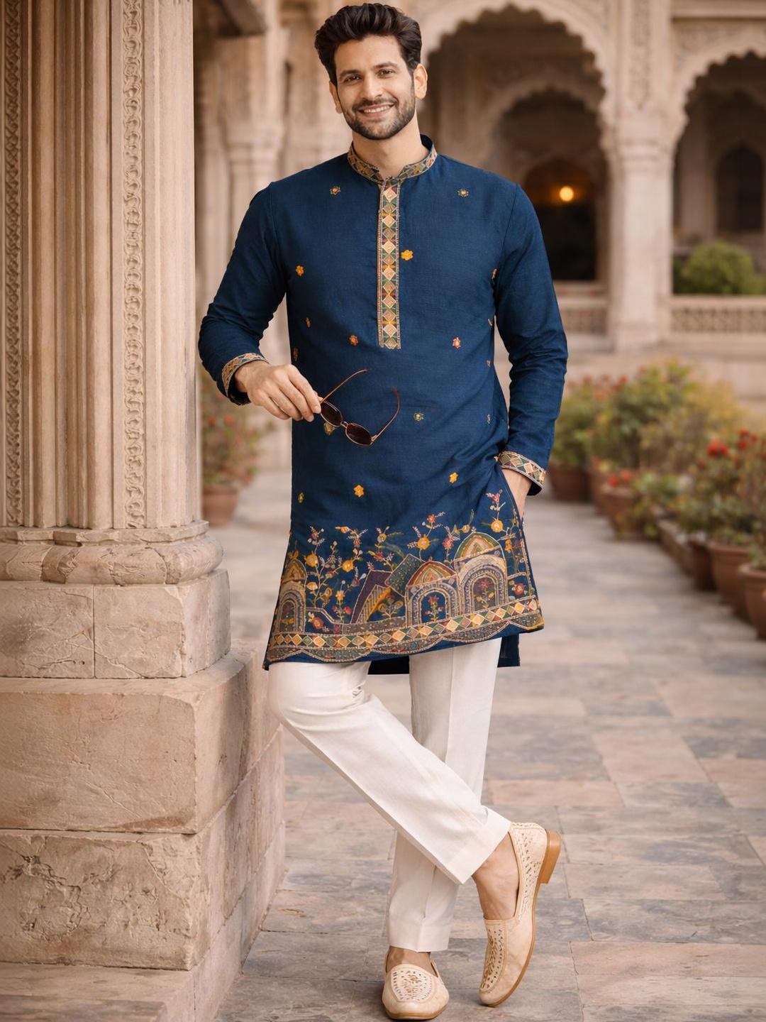 House of Pataudi Embroidered Mandarin Collar Kurta - Image 1
