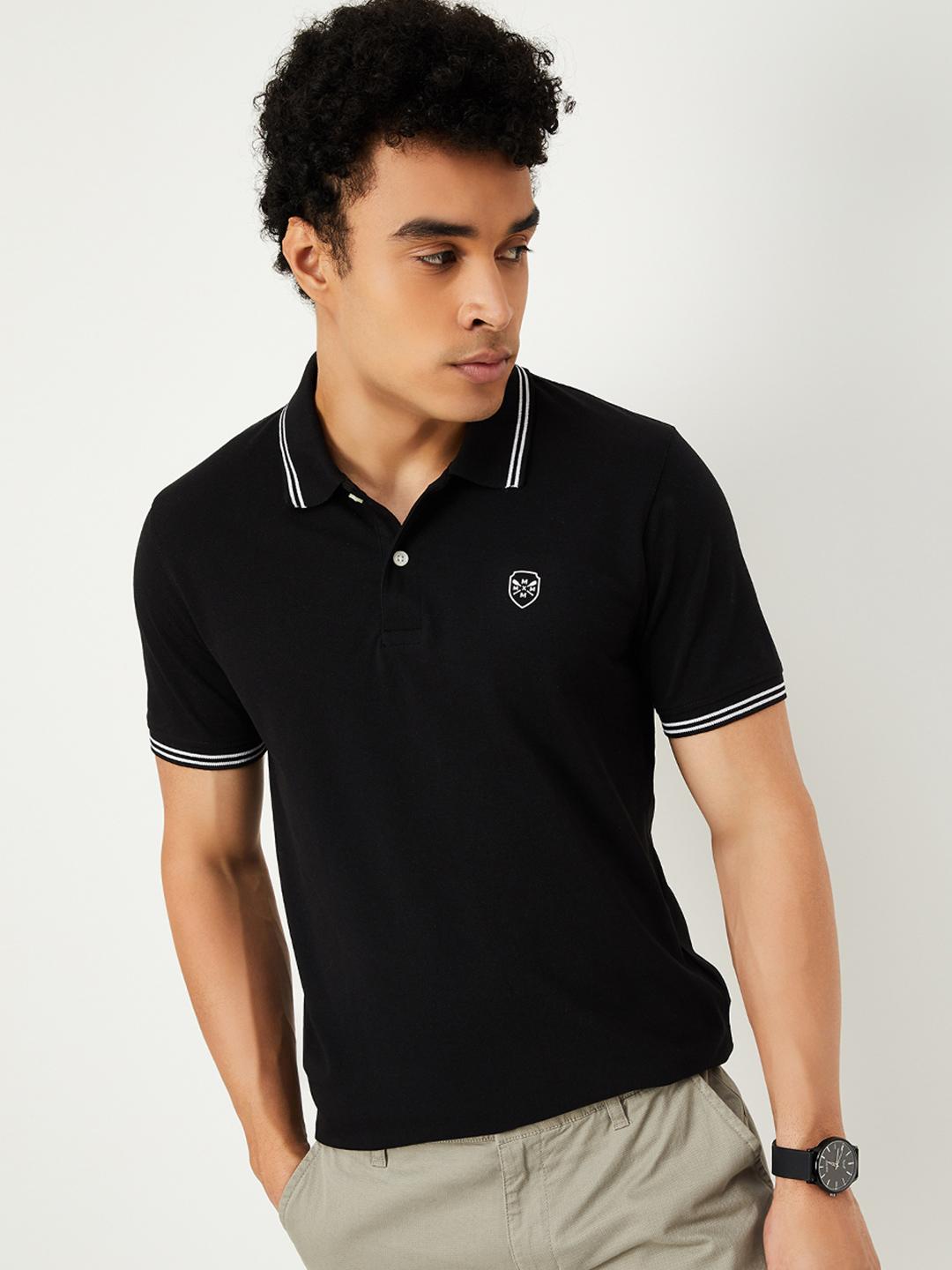 max Men Black Solid Polo Collar T-shirt - Image 1