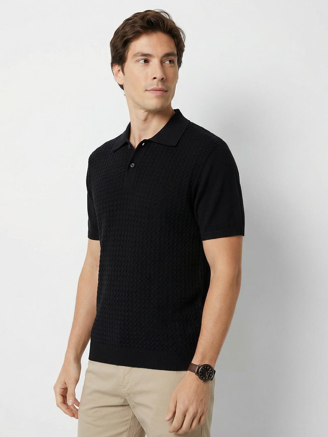Mast & Harbour Self Design Polo Collar Pure Cotton T-shirt - Image 1