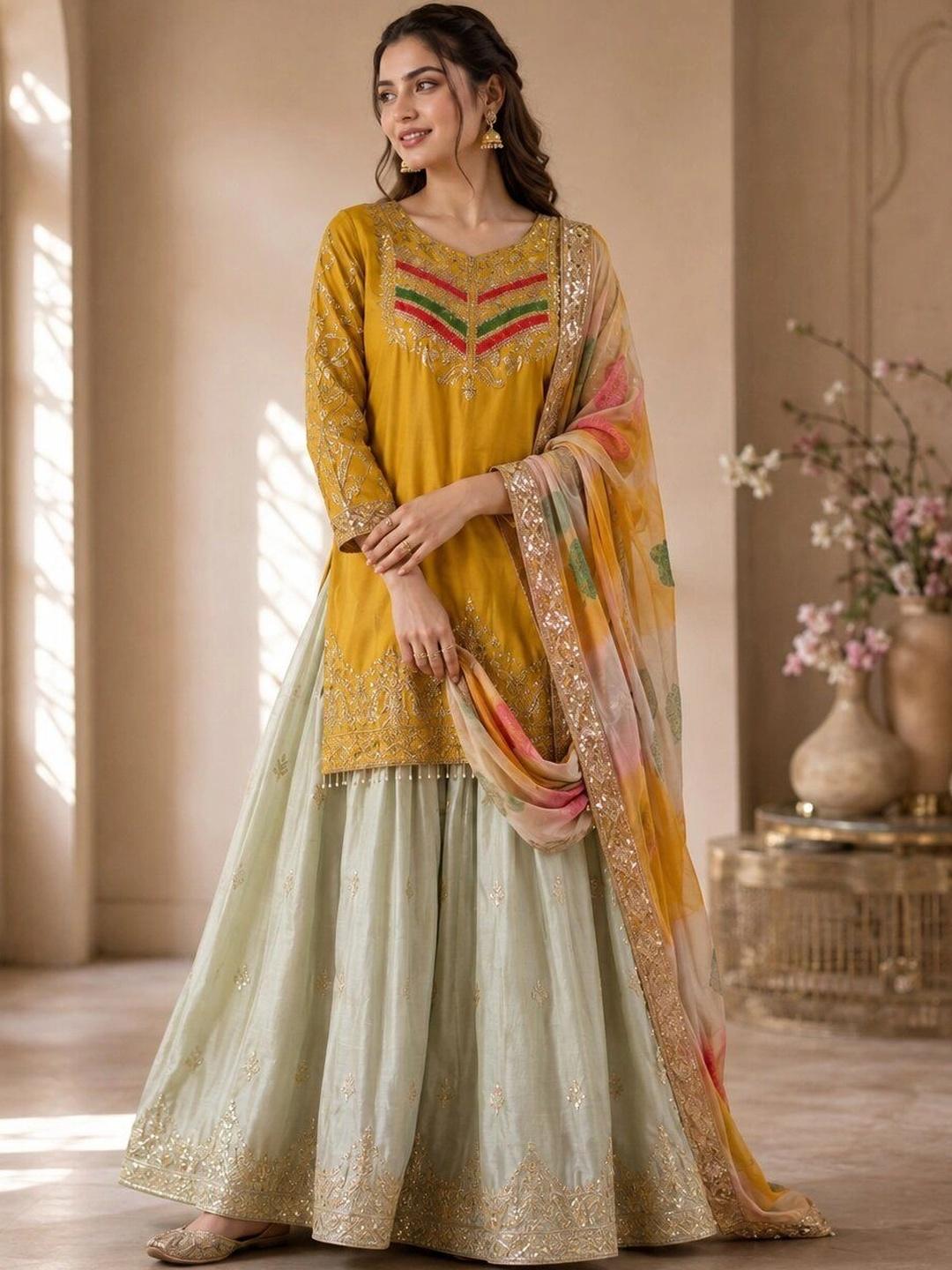 Women Ethnic Motifs Embroidered Regular Thread Work Kurta with Sharara & With Dupatta -  - Apparel for Women