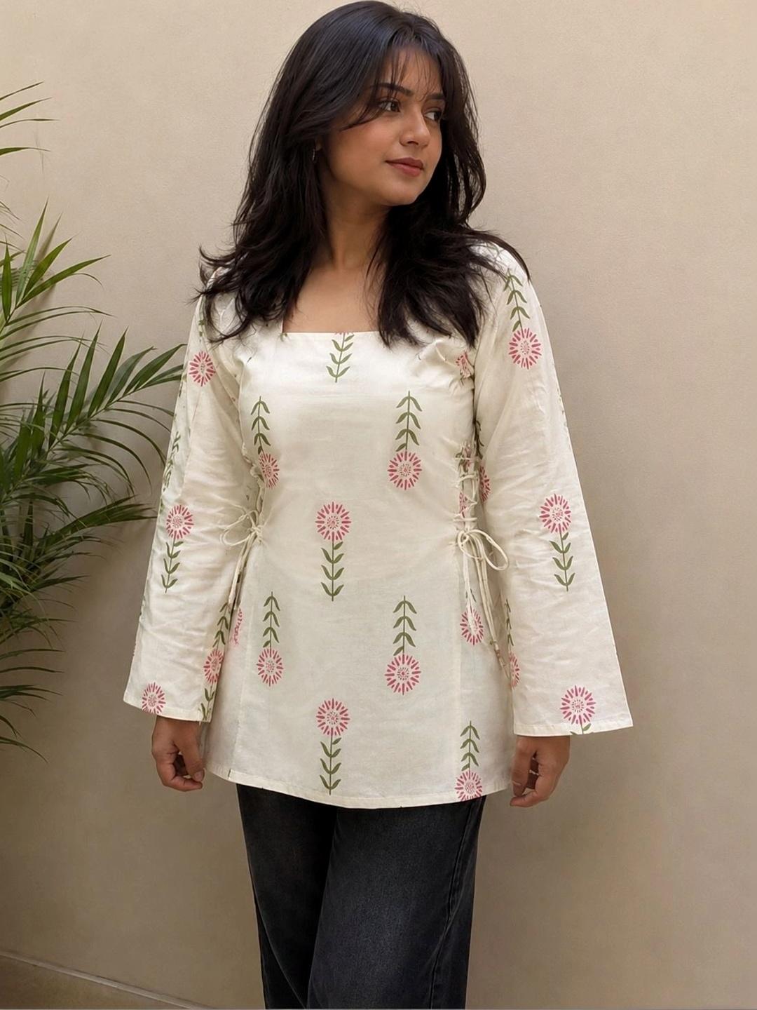 SAICHA Floral Printed Cotton Angrakha Kurti - Image 1