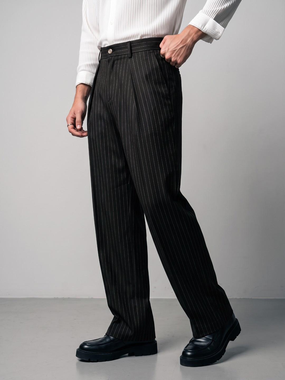 OvrWrk Men Striped Relaxed Fit Pleated Trousers - Image 1