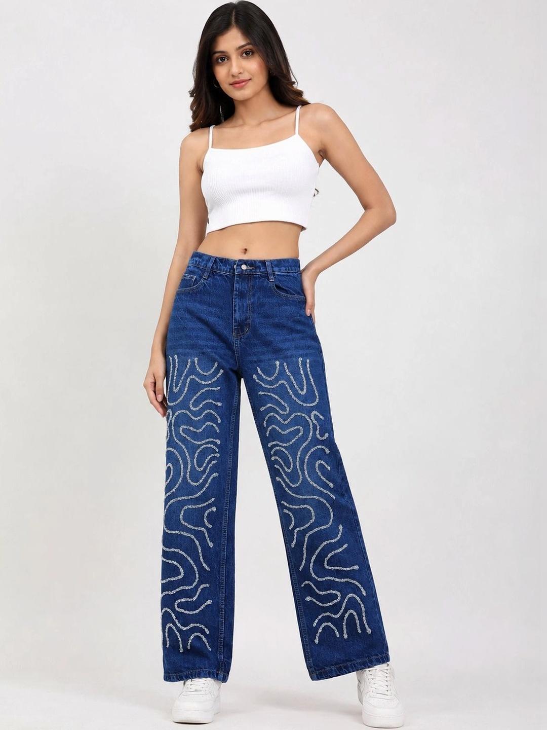 DS CREATIVE Women Wide Leg Low-Rise Light Fade Embellished Jeans -  - Apparel for Women