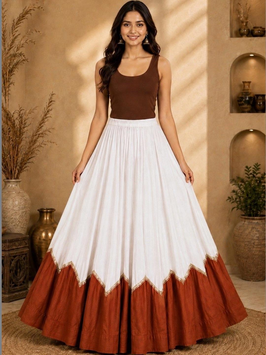 Desibutik Women Cotton Colourblocked Tiered Maxi Flared Skirt