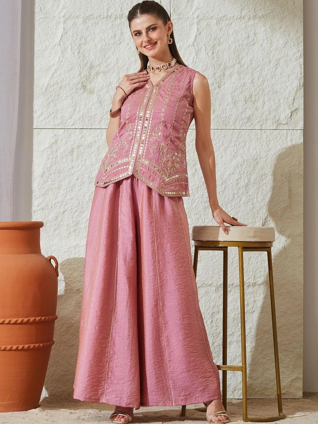 MOKOSH Women Pink Embroidered Kurti Sharara Set with Dupatta - Image 1