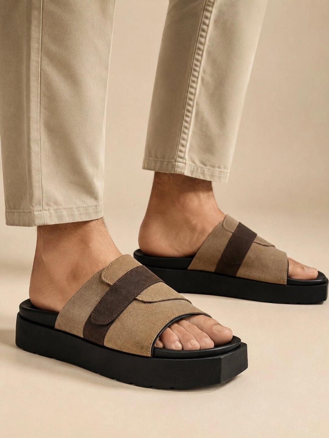 San Frissco Men Beige Suede Wide Strap Sandals - Image 1