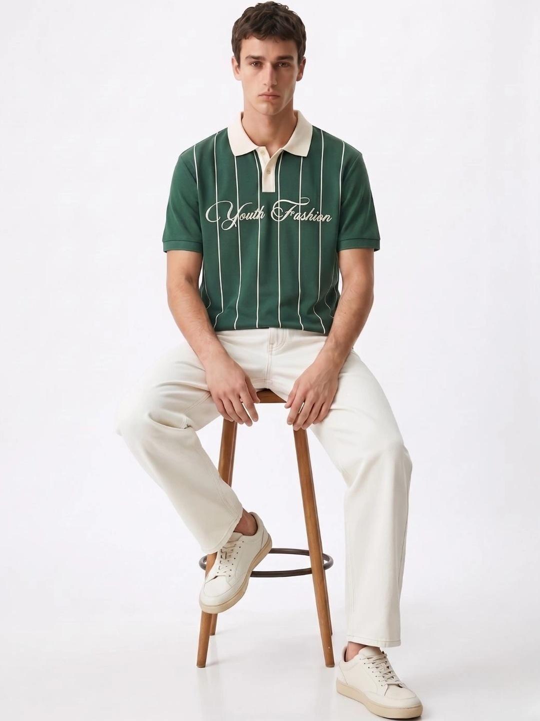 HERE&NOW Men Typography Striped Polo Collar T-shirt - Image 1