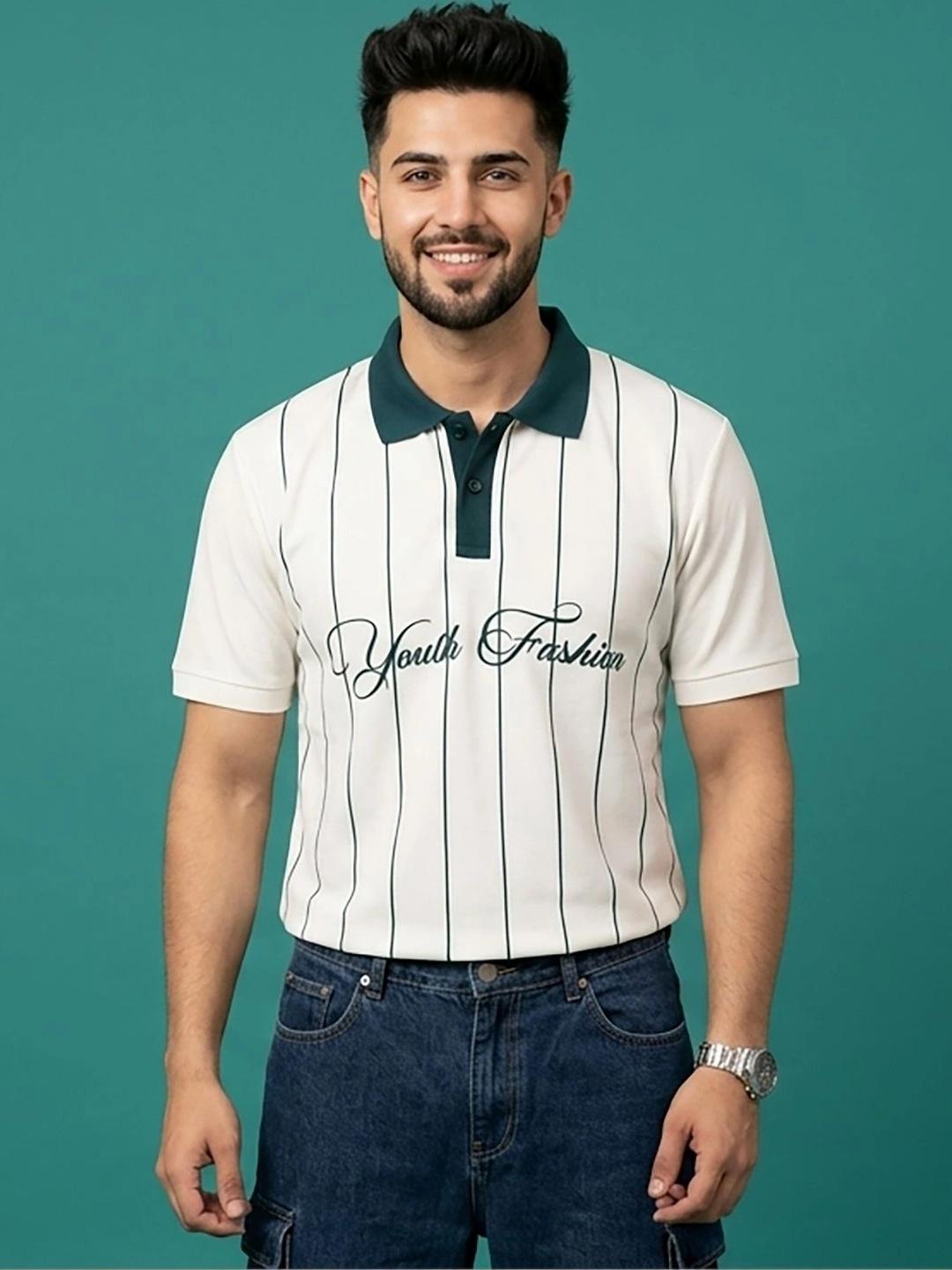 HERE&NOW Men Typography Striped Polo T-shirt - Image 1