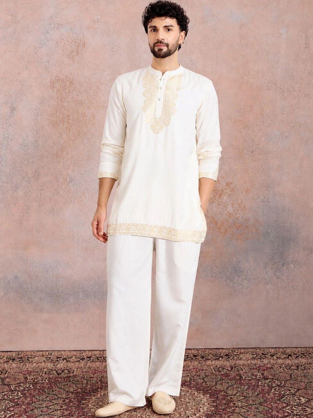 House of Pataudi Men Ethnic Jacquard Work Yoke Short Kurta - Image 1