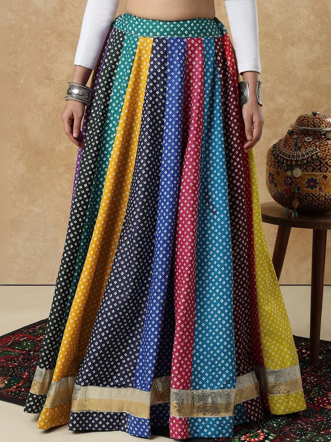 SALWAR STUDIO Bandhani Printed Multicolour Garba Navratri Festive Cotton Readymade Skirt
