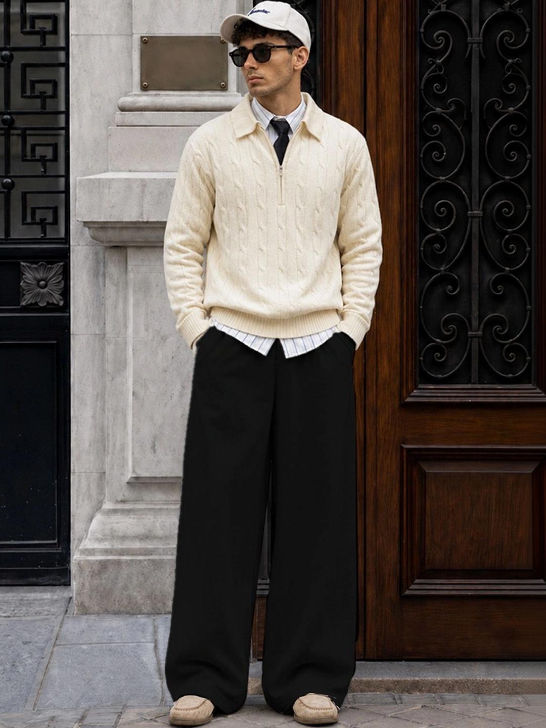Powerlook Men Polo Collar Cable Knit Zipper Sweater - Image 1