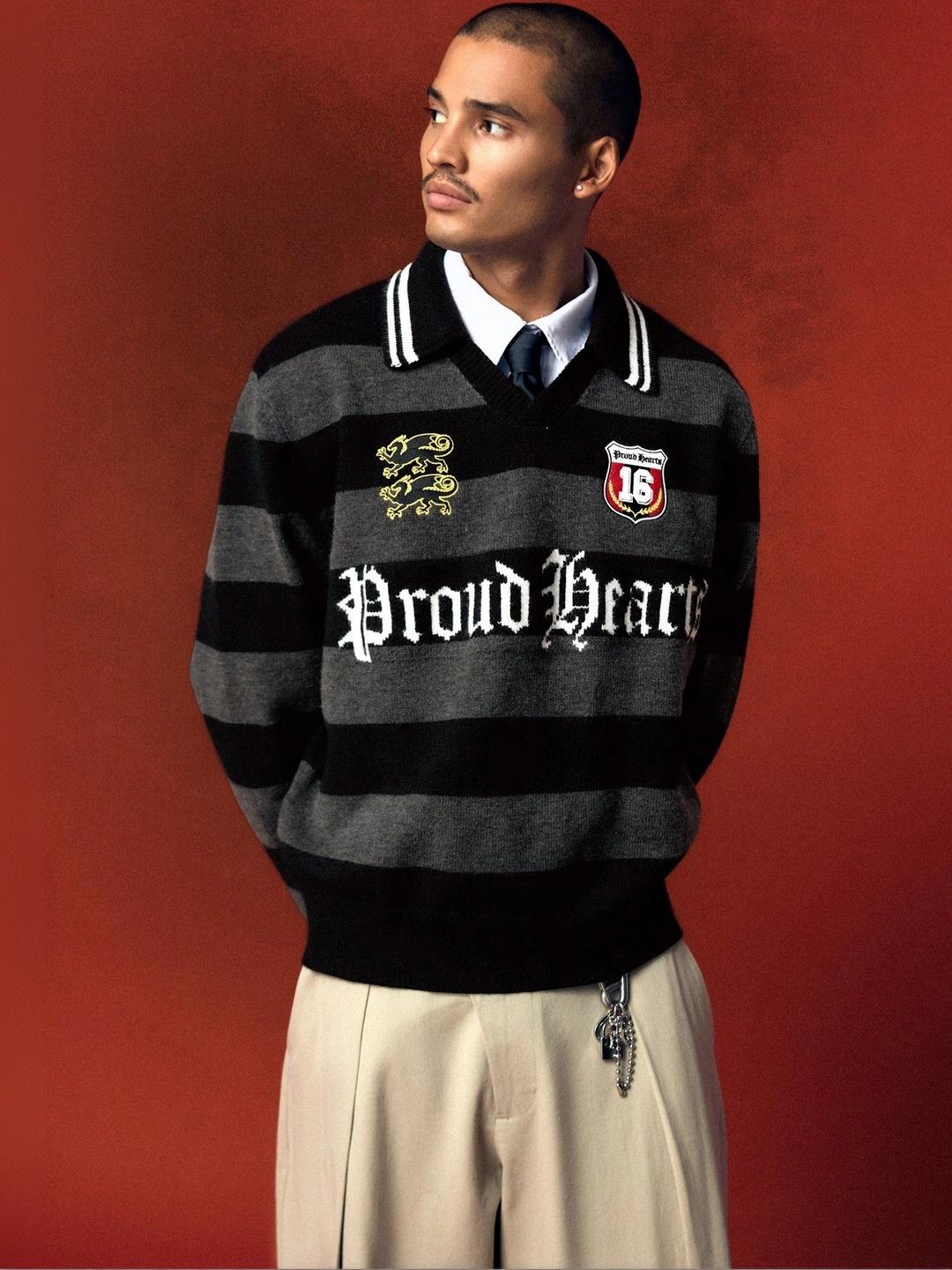 Bershka Men Striped Pullover with Embroidered Detail - Image 1