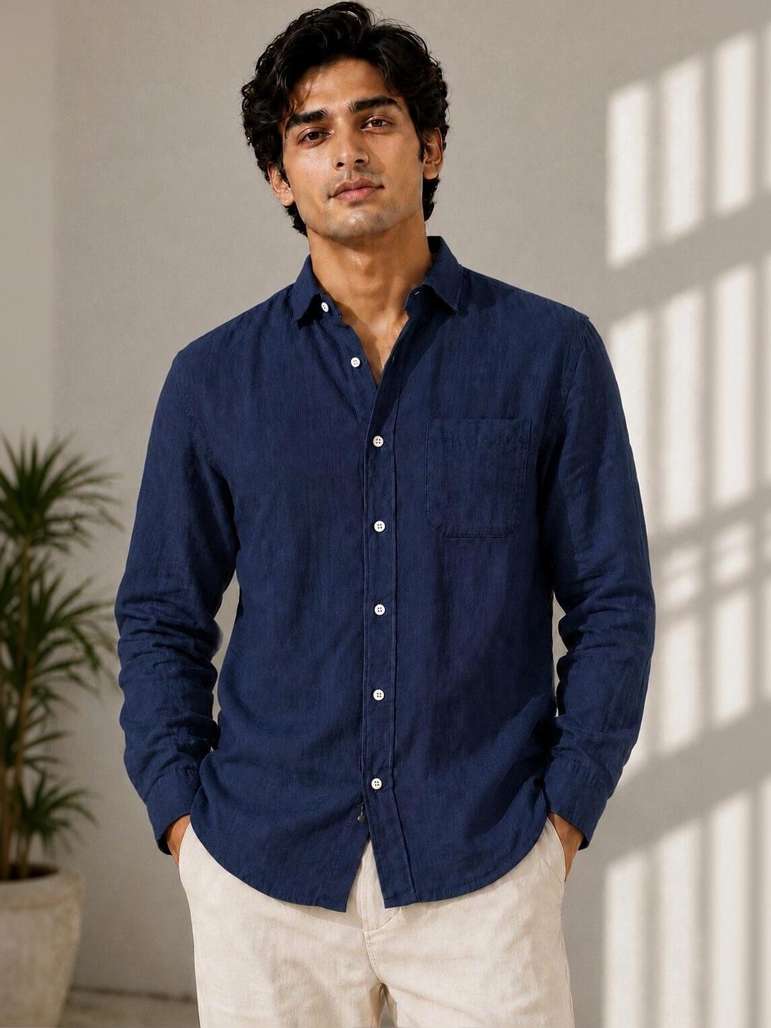 HERE&NOW Navy Blue Linen Blend Shirt - Image 1