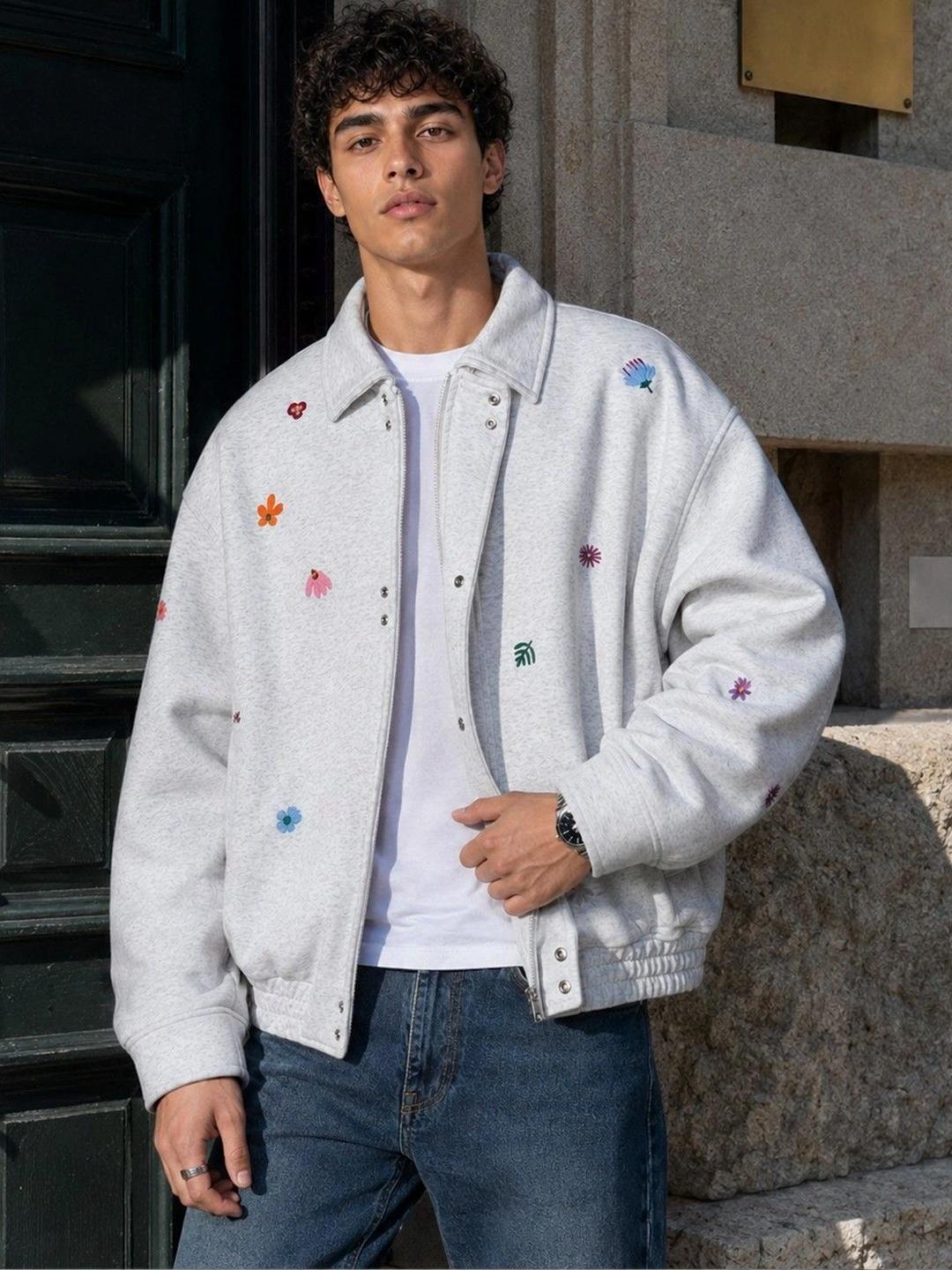 Suo Men Floral Bomber with Embroidered Jacket - Image 1