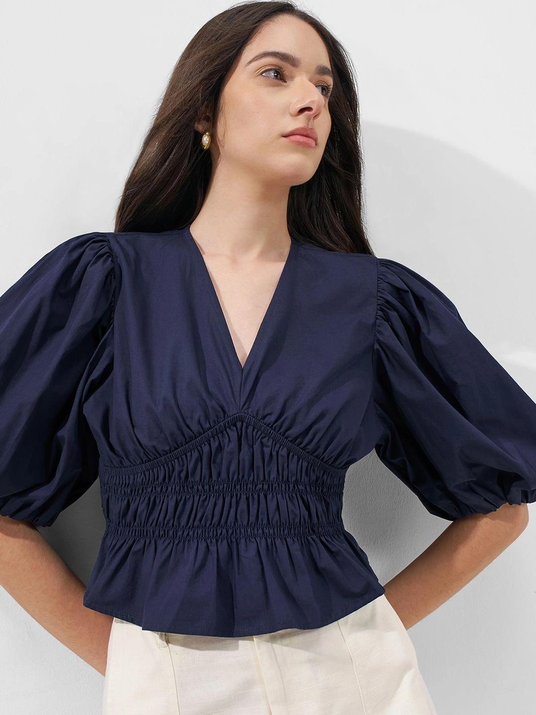 Buy Tokyo Talkies Puff Sleeve Smocked Cotton Peplum Top - Tops for