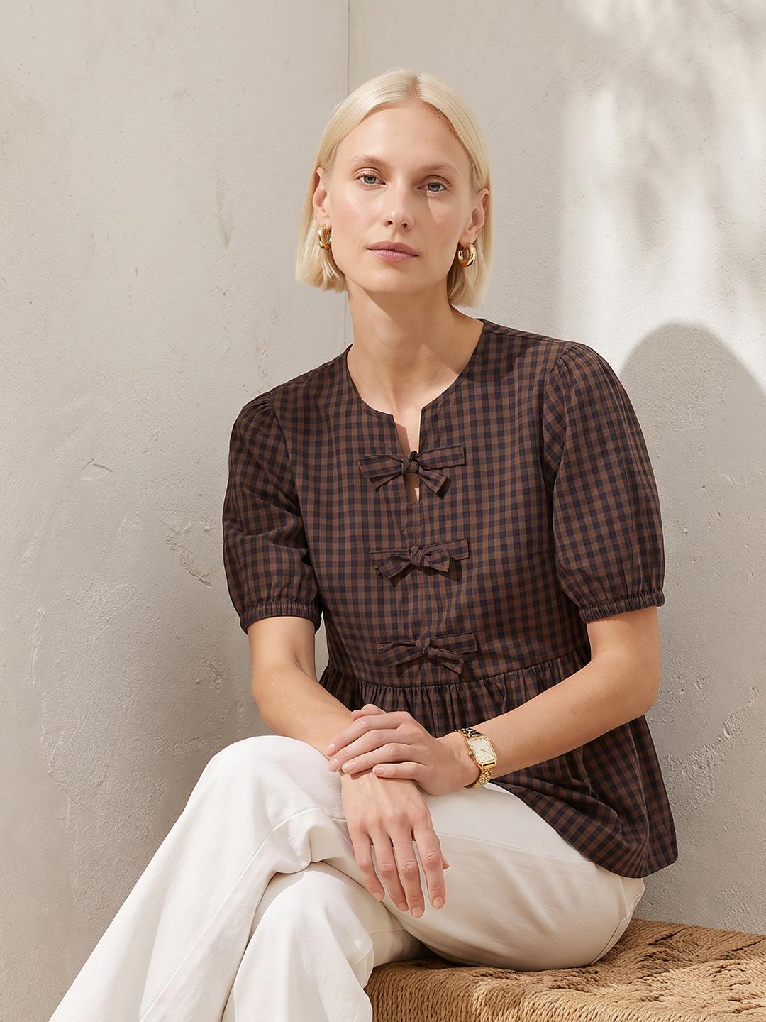 Nautica Checked Puff Sleeve Cotton Peplum Top - Image 1