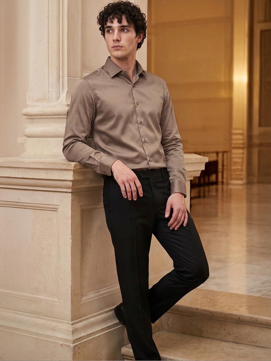 SIMON CARTER LONDON Men's Satin Stretch Brown Slim Fit Shirt