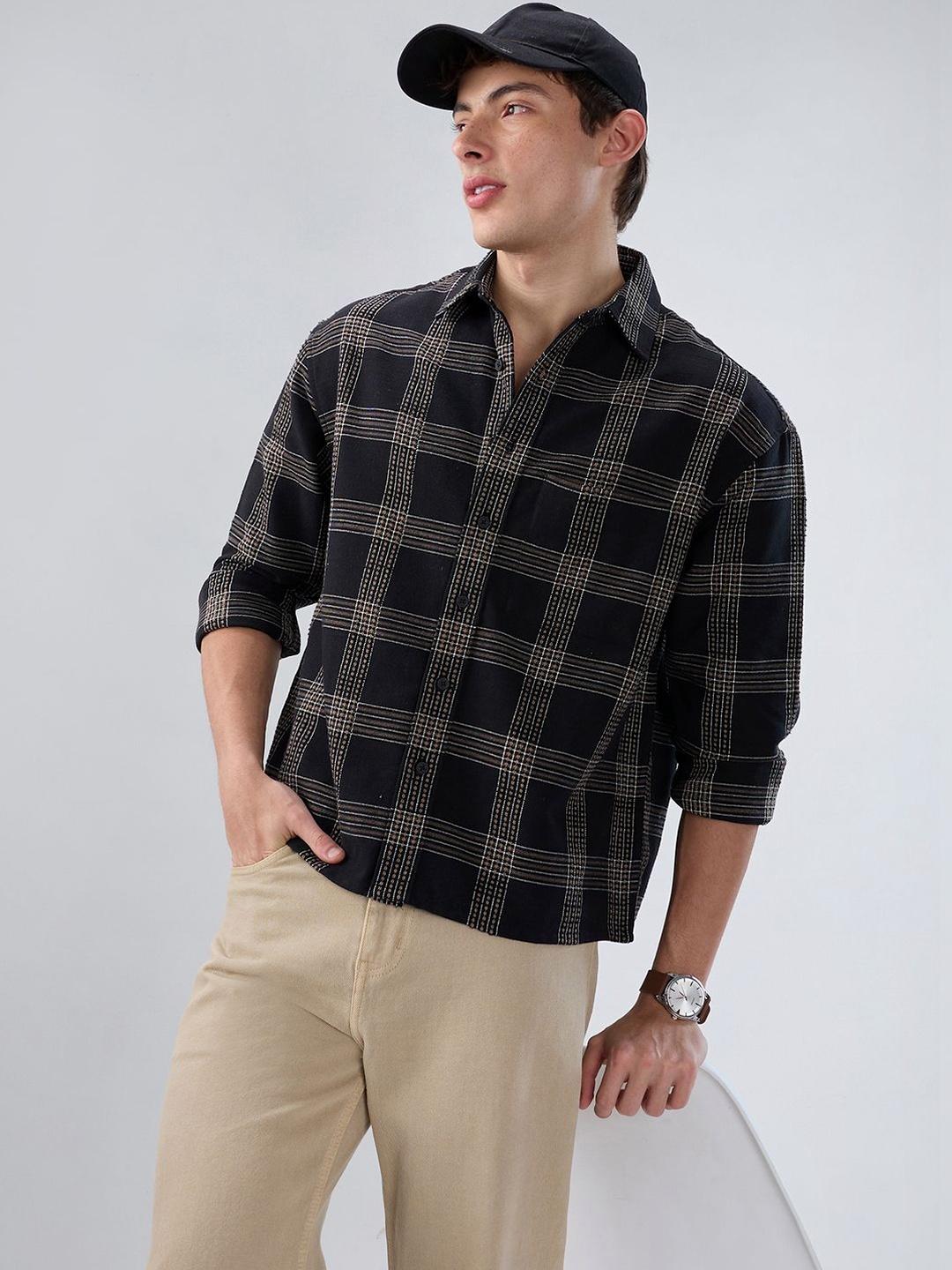 VASTRADO Black & Brown Contrast Panel Checks Boxy Fit Crop Shirt - Image 1