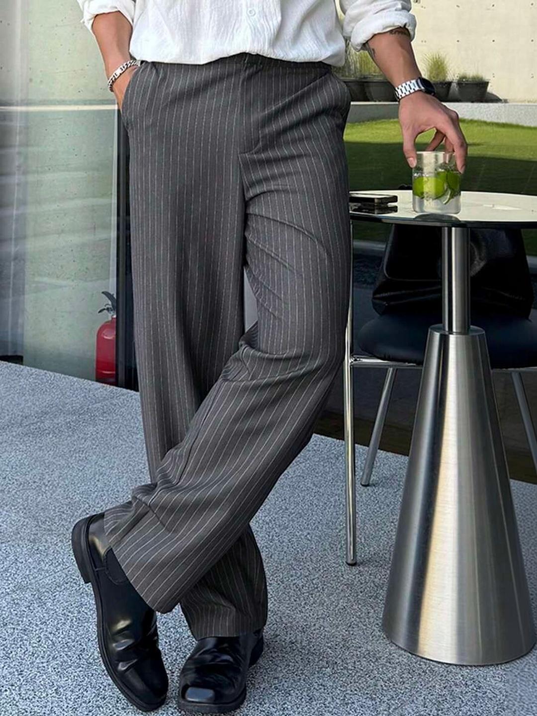 Off Duty India Grey Striped Mid-Rise Korean Trousers - Image 1
