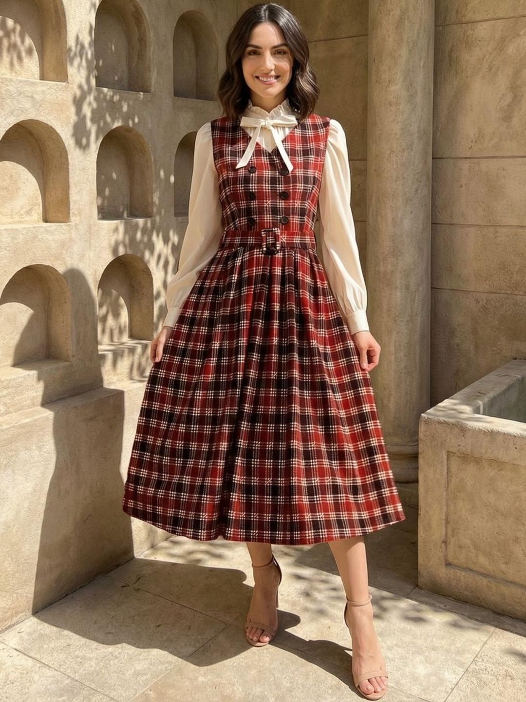 Buy Zucchini Checked Crepe Fit & Flare Midi Dress - Dresses for