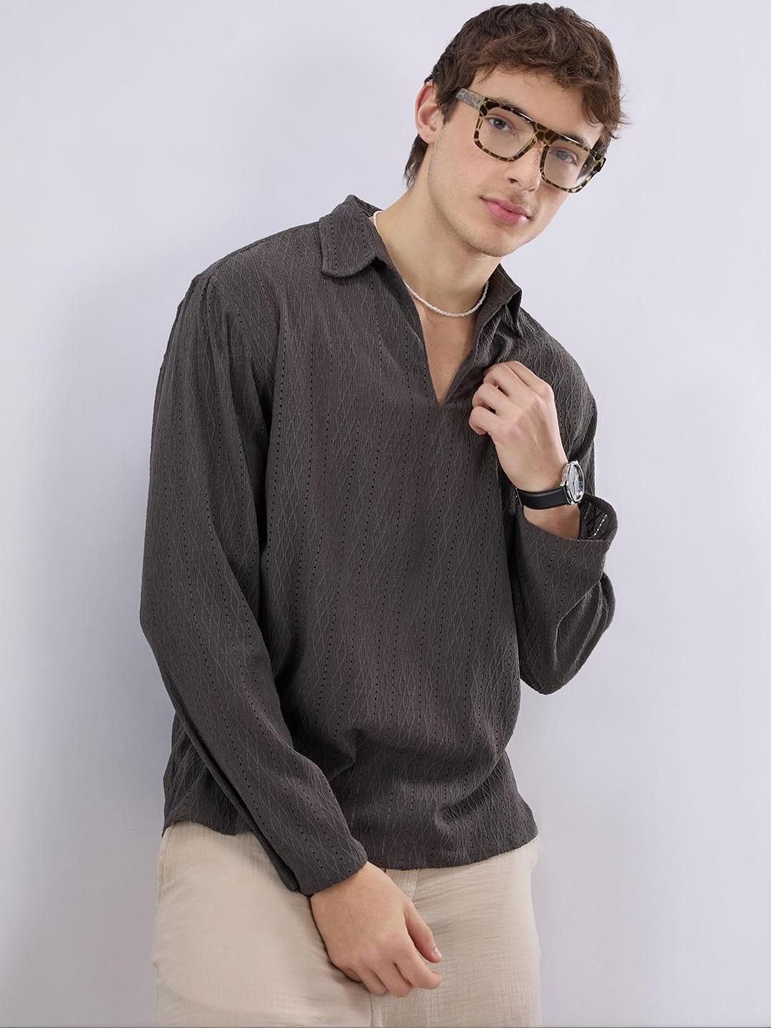 VASTRADO Dark Grey Textured Crochet Polo Oversized Shirt