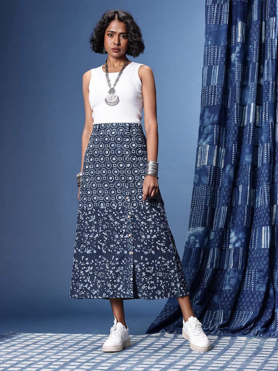 Buy Taavi Indigo Geometric Printed Flared Pure Cotton Skirt