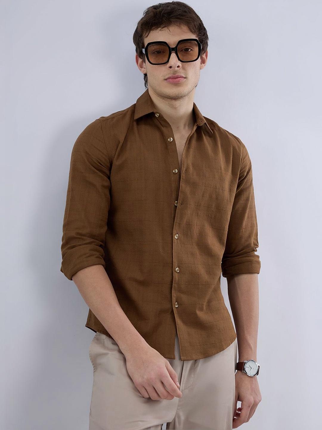 VASTRADO Russet Brown Micro Grid Weave Jacquard Shirt - Image 1