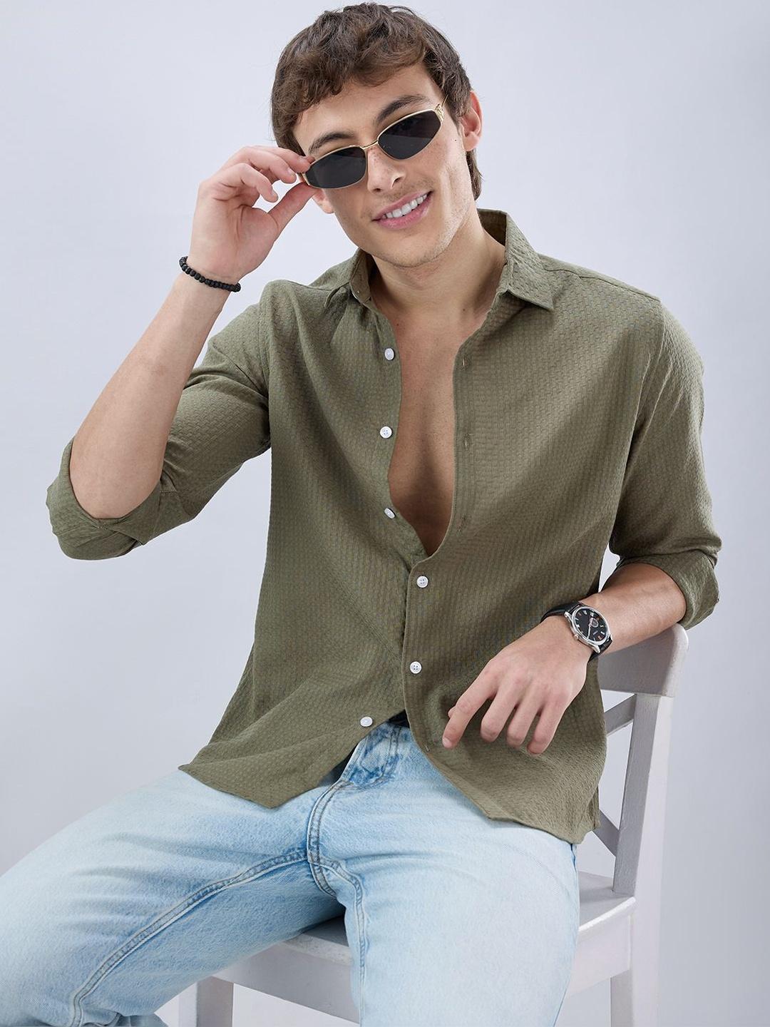 VASTRADO Olive Open Weave Refined Jacquard Checks Shirt