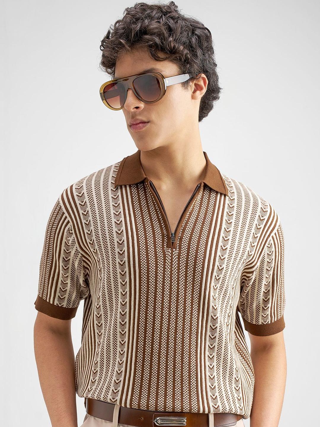 HIGHLANDER Men Striped Polo Collar T-shirt - Image 1