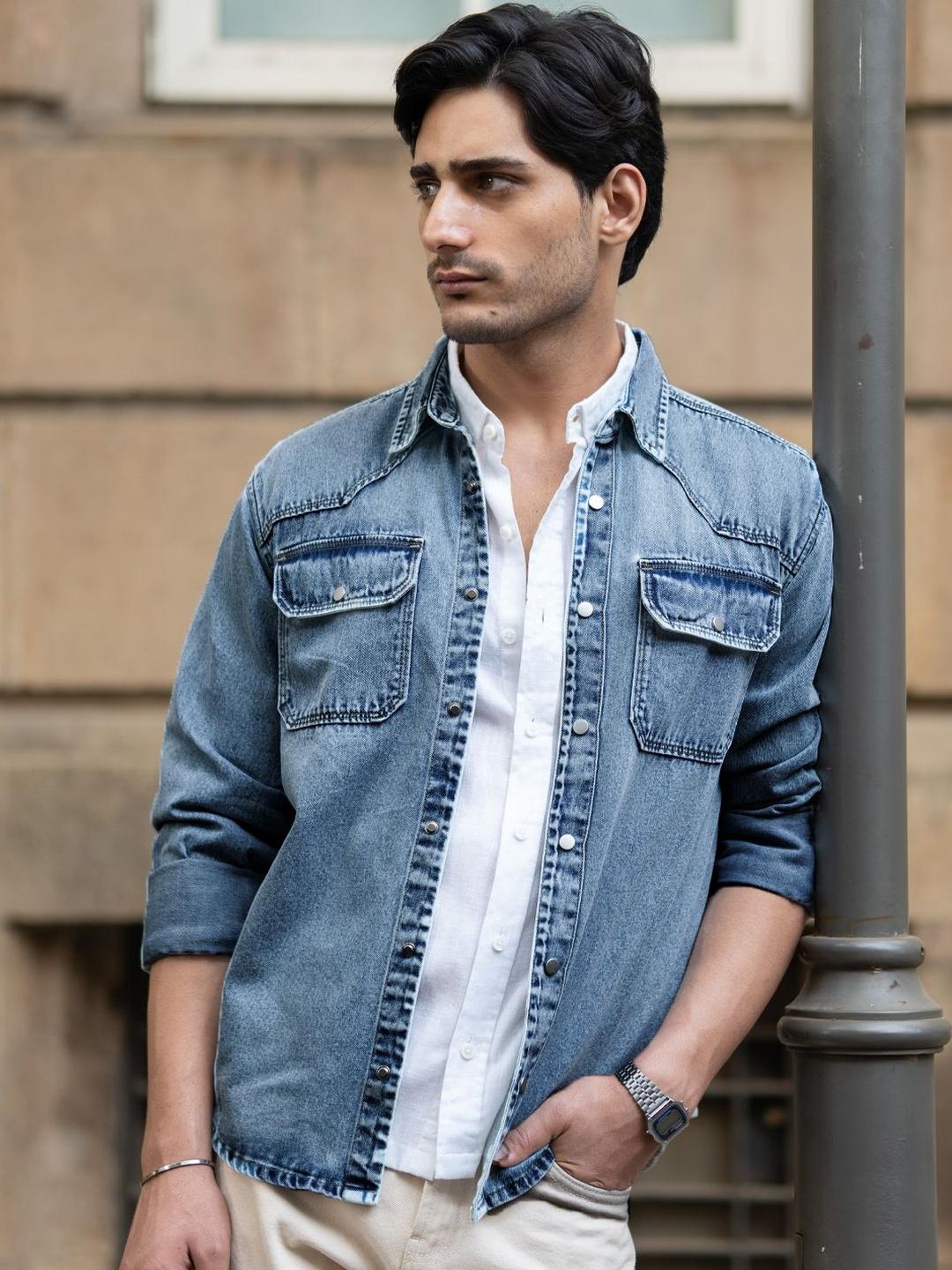 Powerlook Mid Denim Tartan Checks Cotton Shirt Blue - Image 1