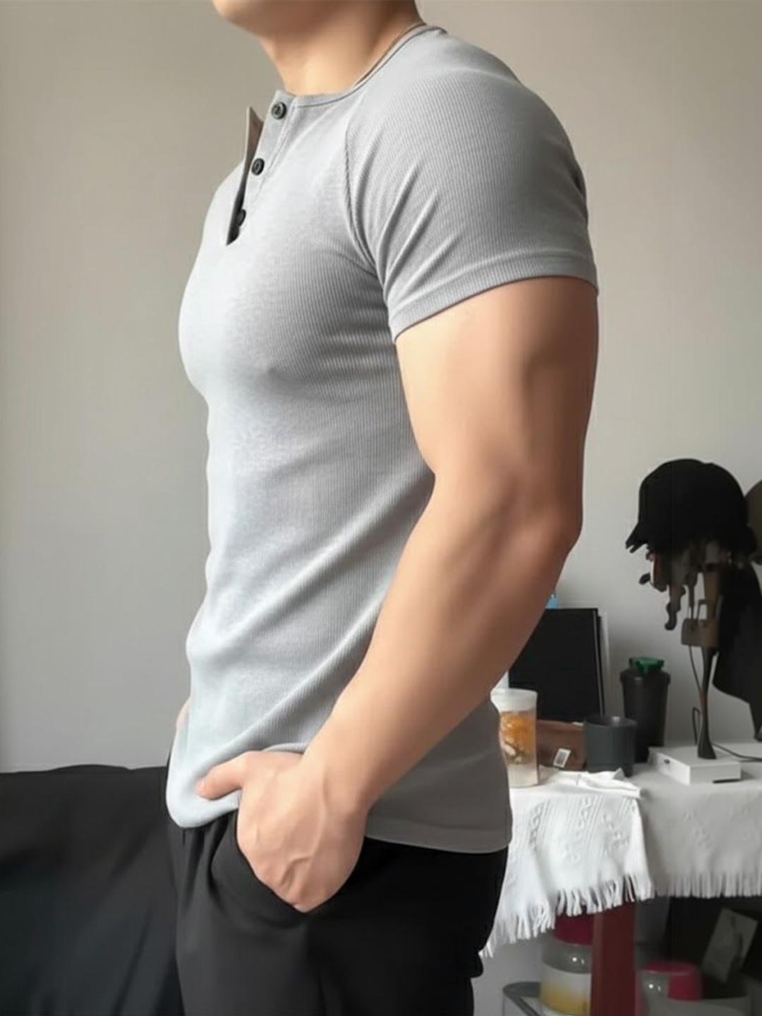 StyleCast x Revolte Men Muscle Fit Henley T-shirt - Image 1