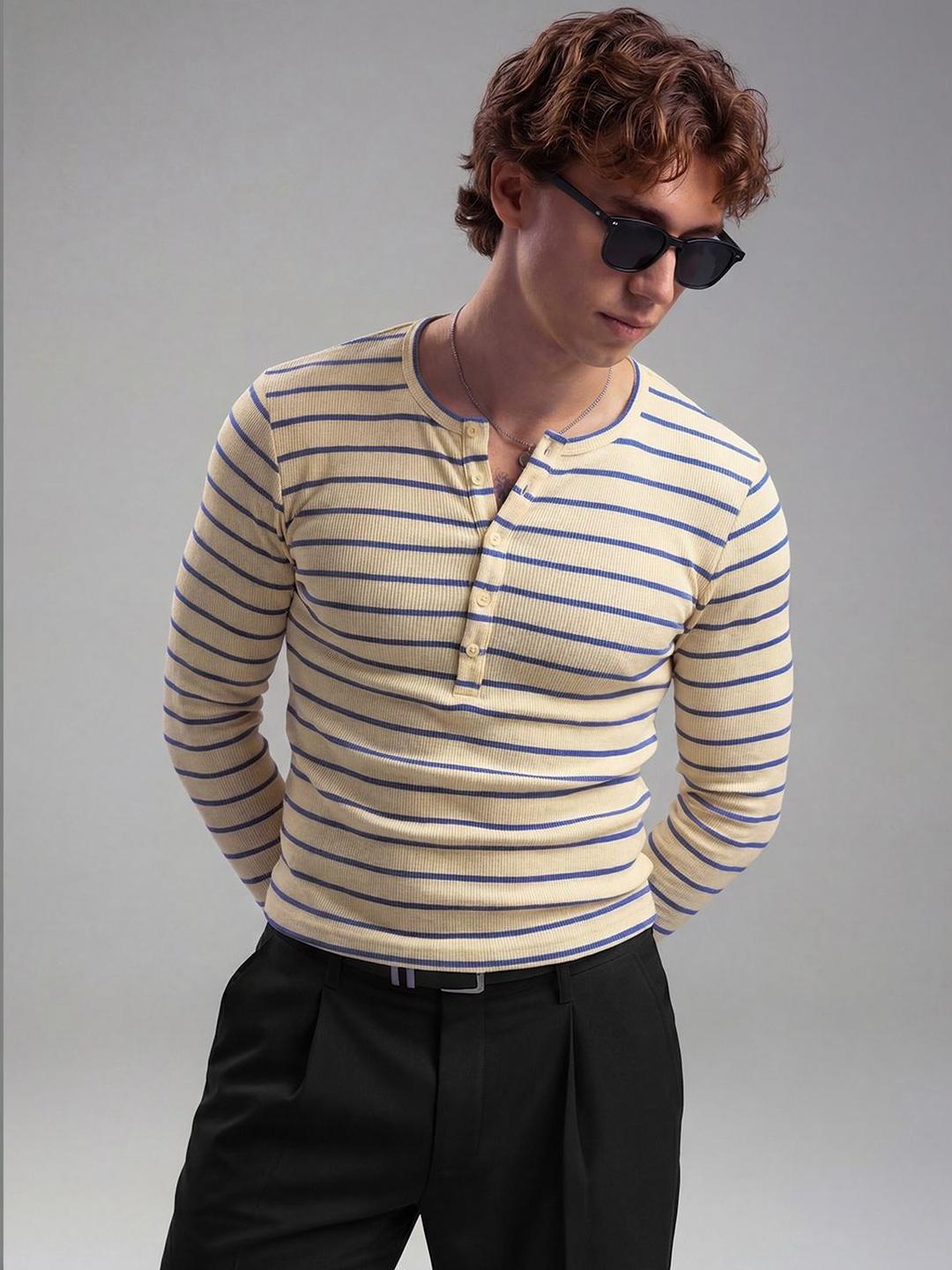FUGAZEE Men Striped Henley Neck T-shirt