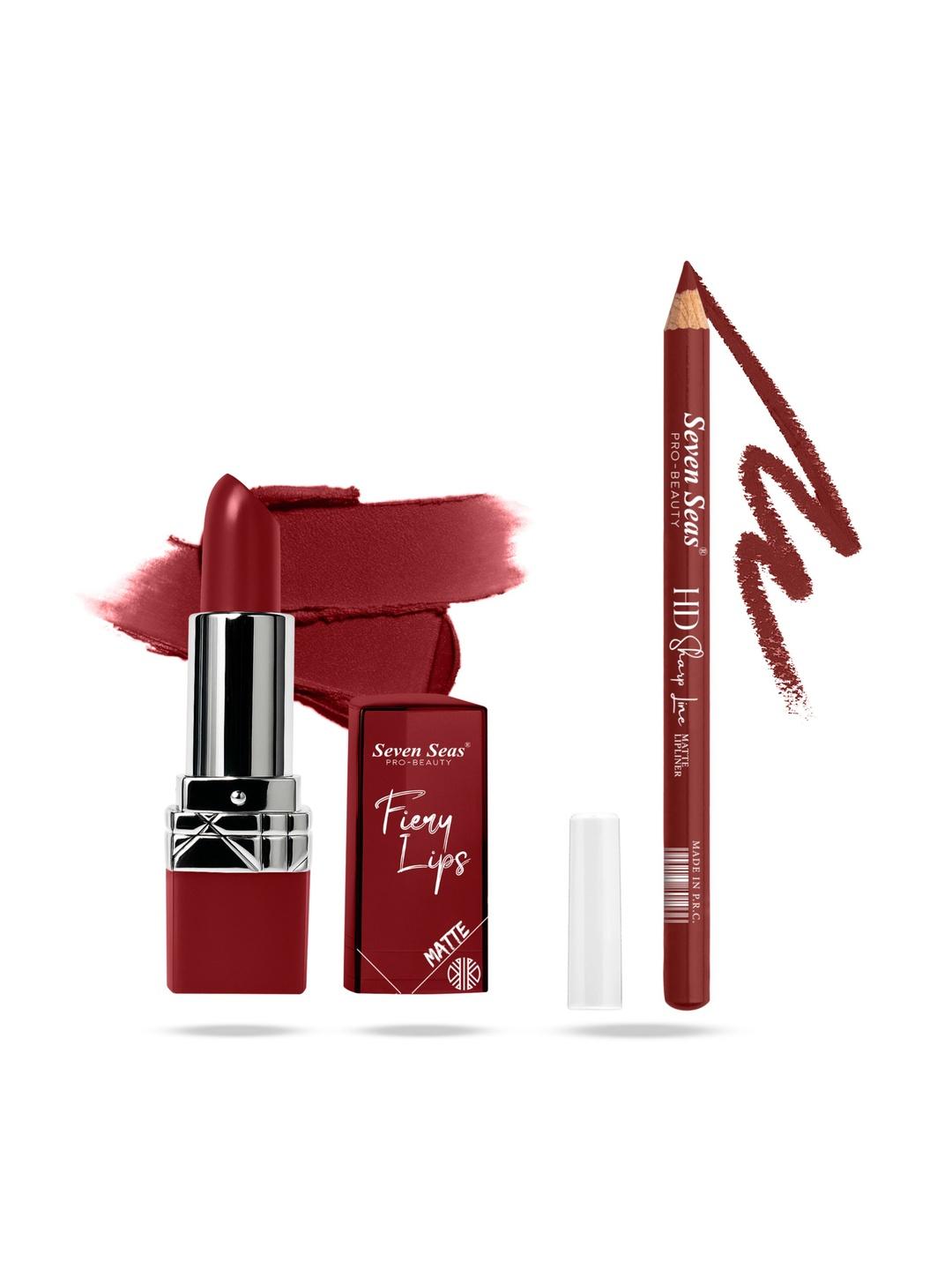 Seven Seas Set Of 2 Fiery Lips Matte Lipstick -3.5 g - 302 With HD Lip Liner - 1.3 g - 01