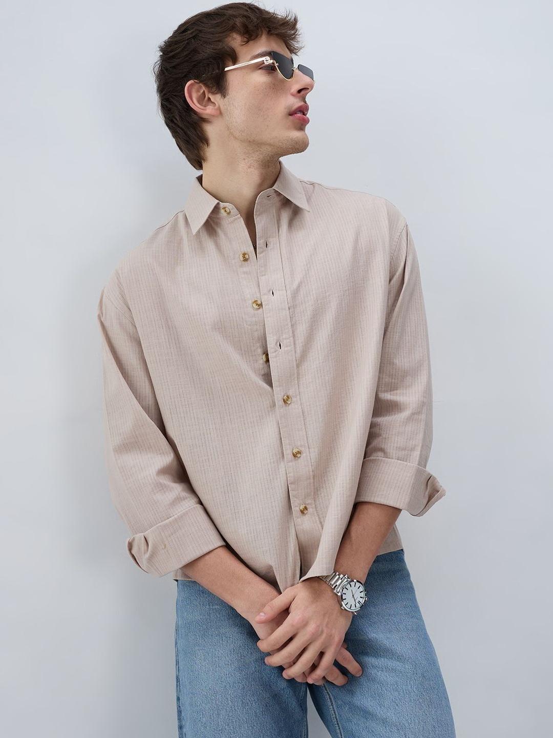 VASTRADO Neutral Beige Airy Striped Crop Shirt - Image 1