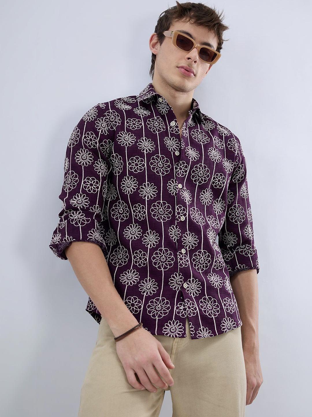 VASTRADO Wine Floral Embroidered Slub Shirt - Image 1
