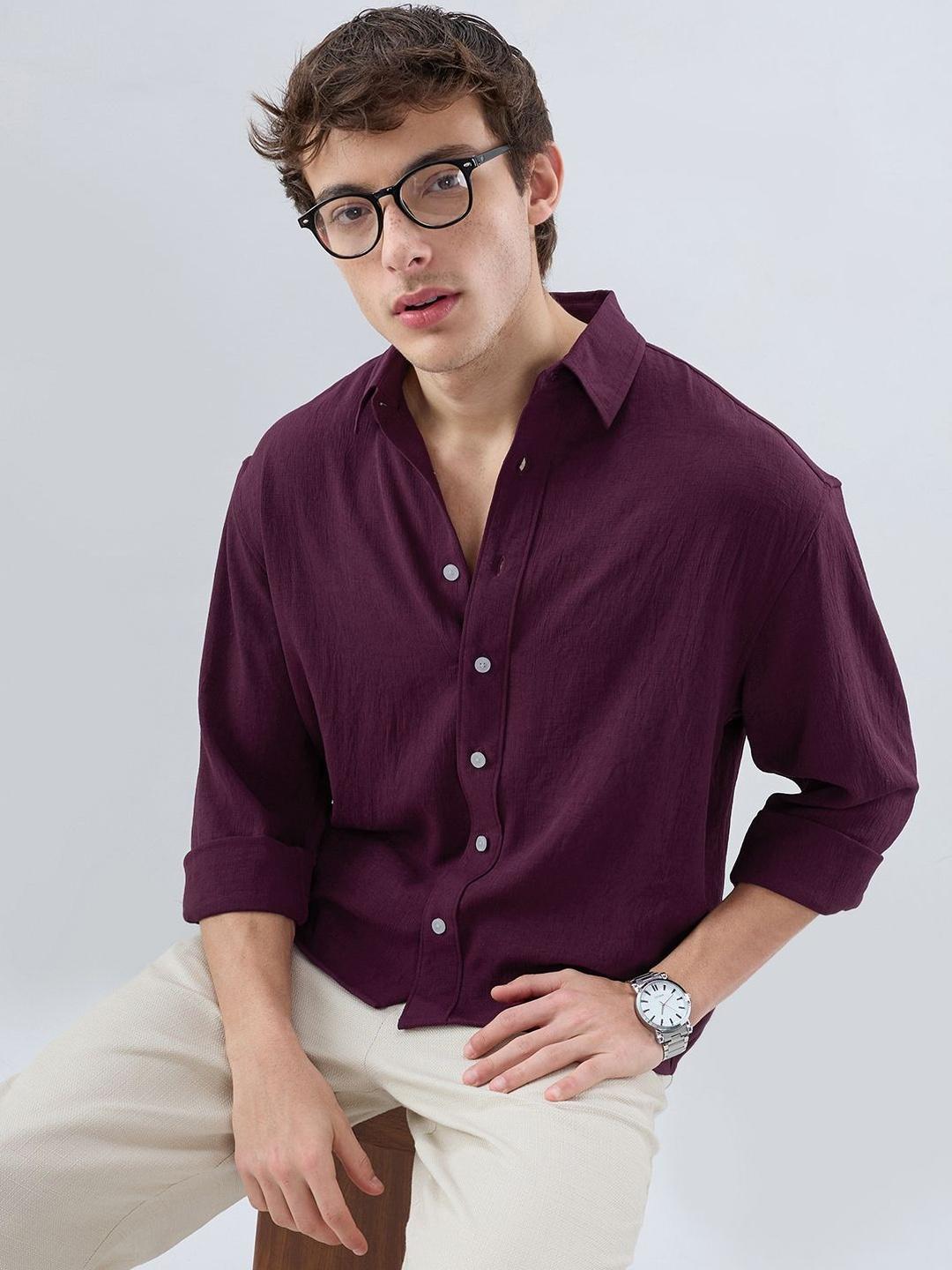 VASTRADO Deep Maroon Soft Crush Fine Grid Textured Shirt - Image 1