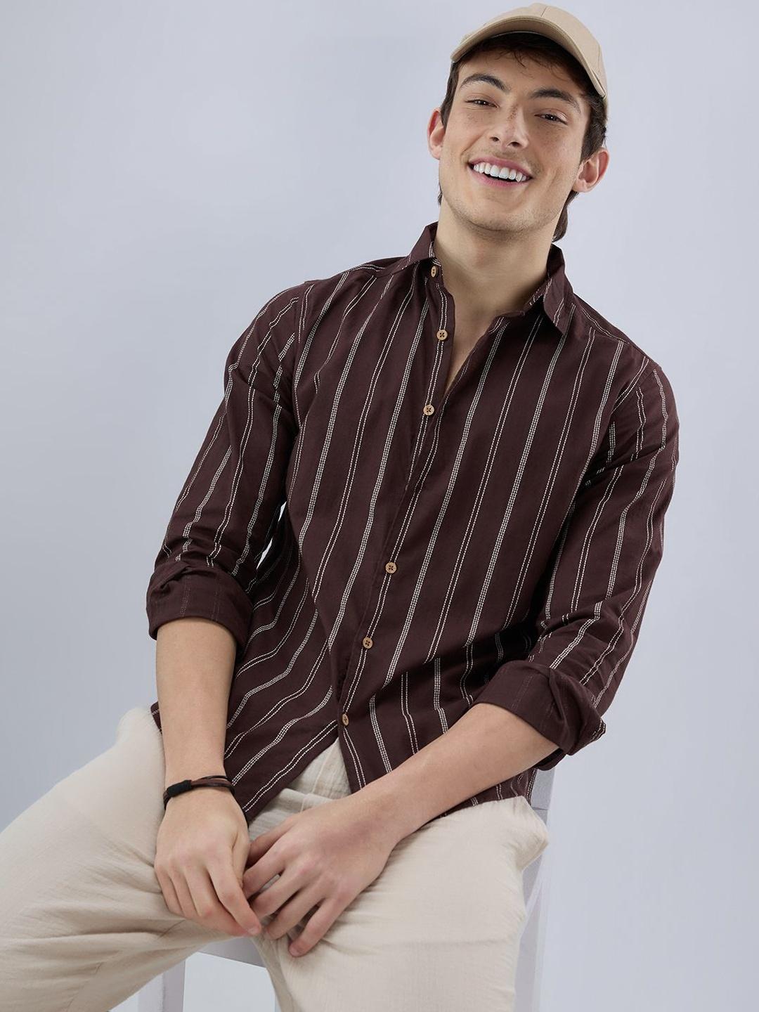 VASTRADO Walnut d Stripes Cotton Long Sleeves Slim Fit Shirt