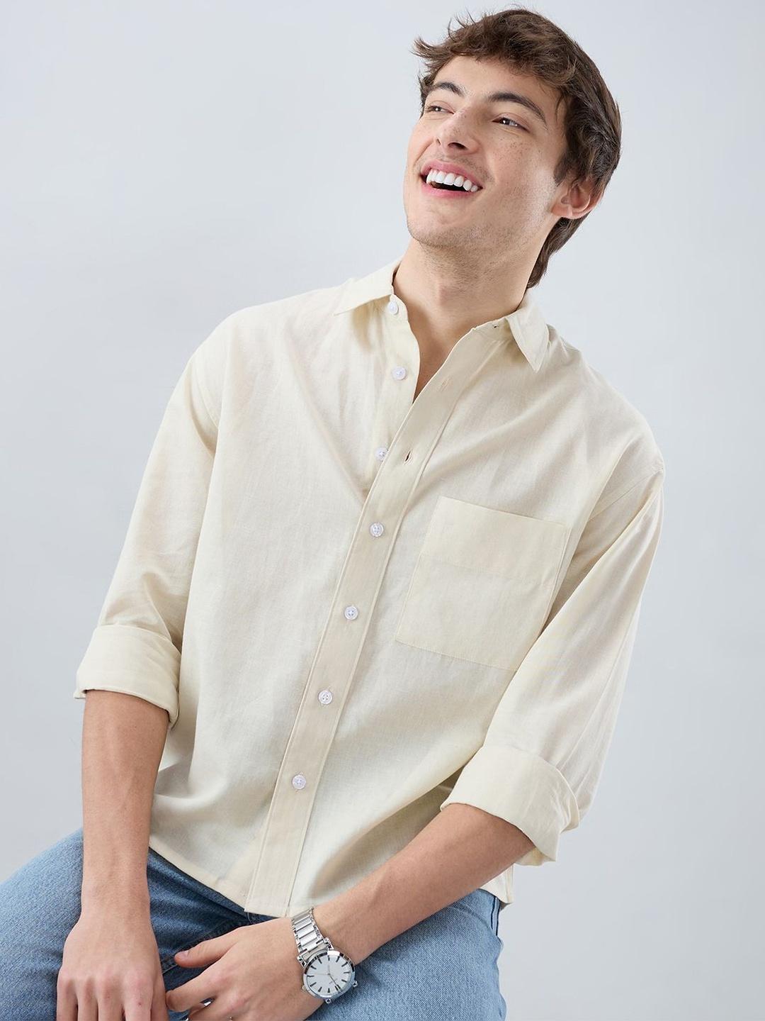 VASTRADO Luxe Off-White Linen Blend Crop Shirt - Image 1