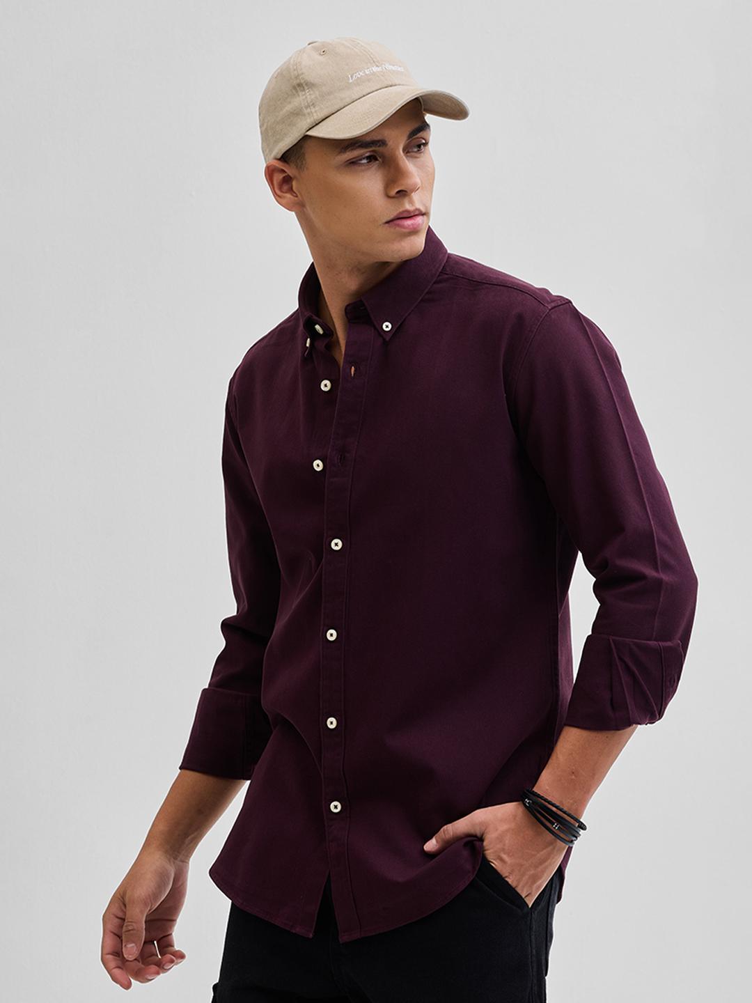 Snitch Men Classic Spread Collar Solid Cotton Casual Shirt