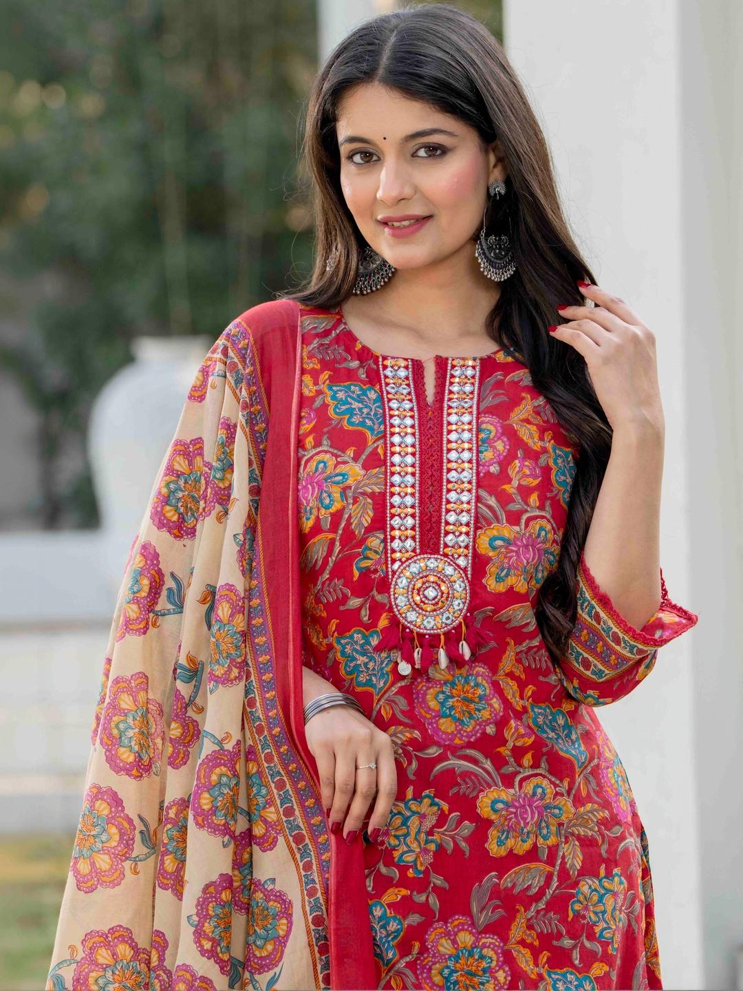 Pistaa Women Floral Printed Regular Thread Work Pure Cotton Kurta - Image 1